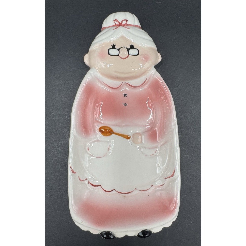 Vintage Grandma Spoon Rest Pink White Ceramic Granny Retro Kitchen Decor Kitsch